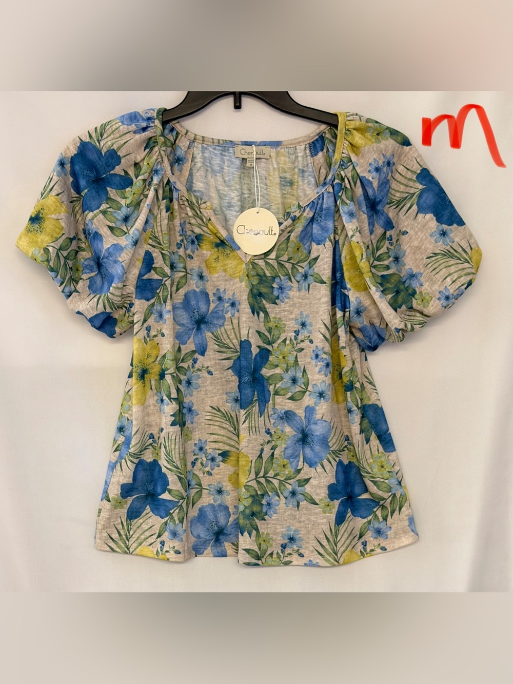 Chenault Floral Blue & Green V-Neck Puff Sleeve Top